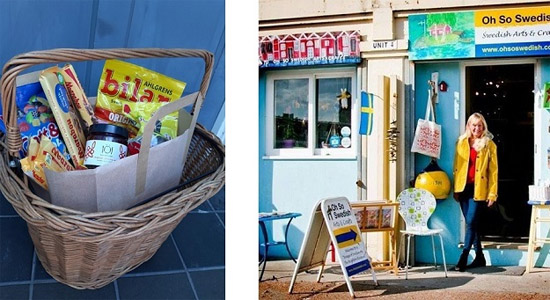 A basket of Swedish produce & Eva standing outside her shop 'Oh So Swedish' Brighton